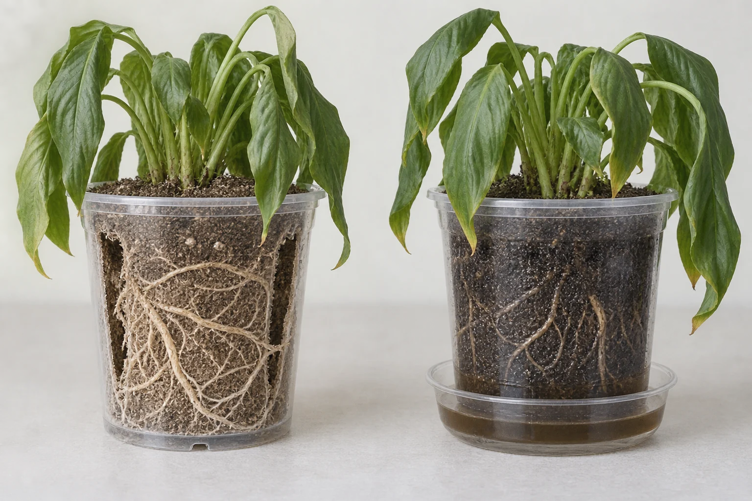 The same wilted leafy plant in two clear pots, one with a pale shrunken dry root ball and one with dark saturated mix standing in runoff