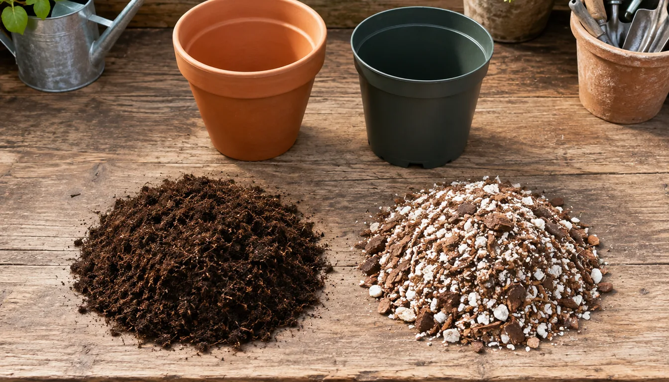 Unglazed terracotta and plastic pots beside fine fibrous mix and a coarse bark-and-perlite mix