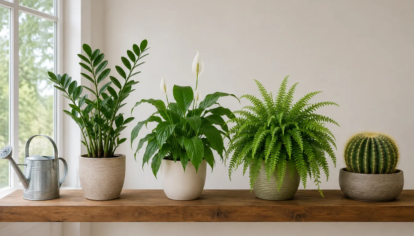 ZZ plant, peace lily, fern, and barrel cactus in separate pots on a wooden shelf beside a watering can
