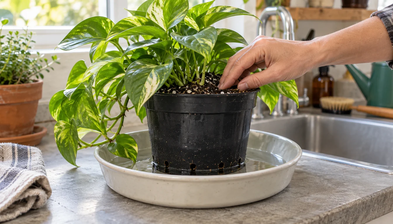 A small terracotta pot standing in shallow water while moisture rises through its drainage hole