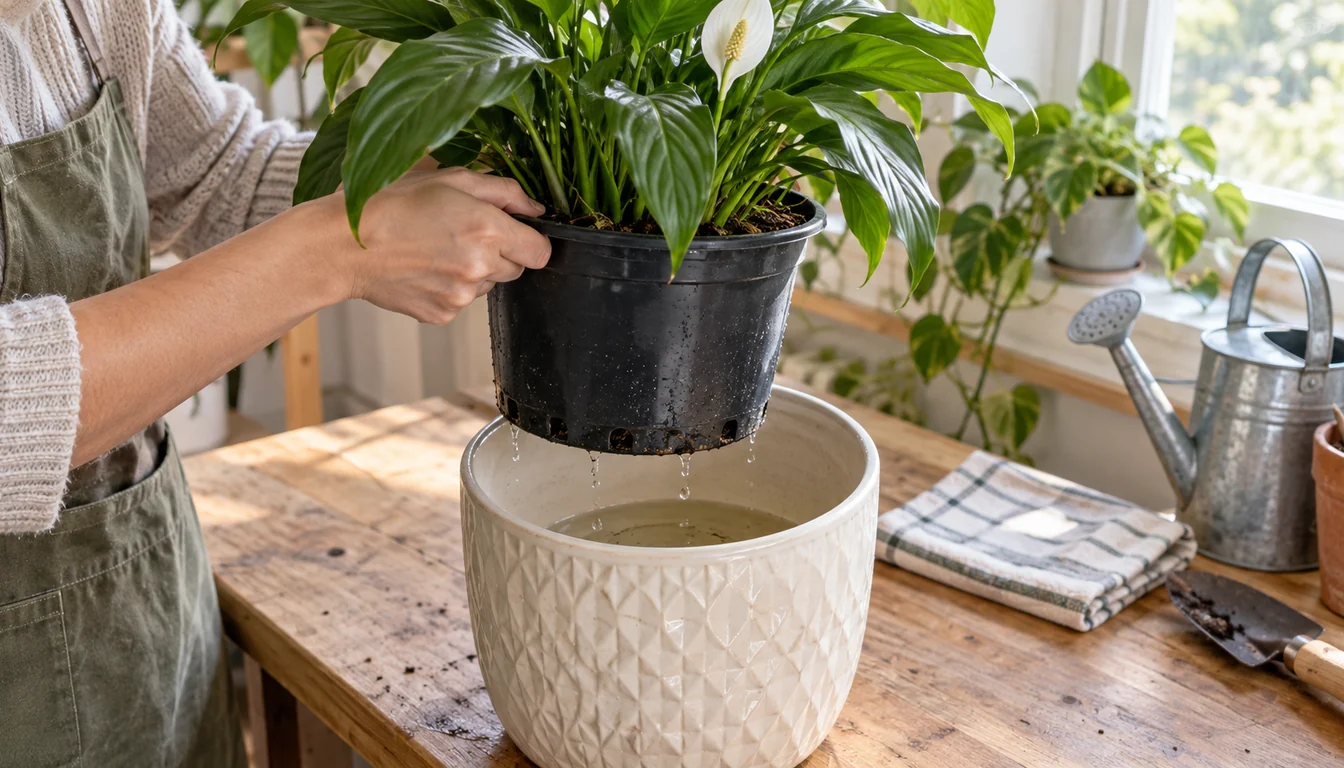 A nursery pot lifted from a decorative cachepot with runoff pooled in the bottom