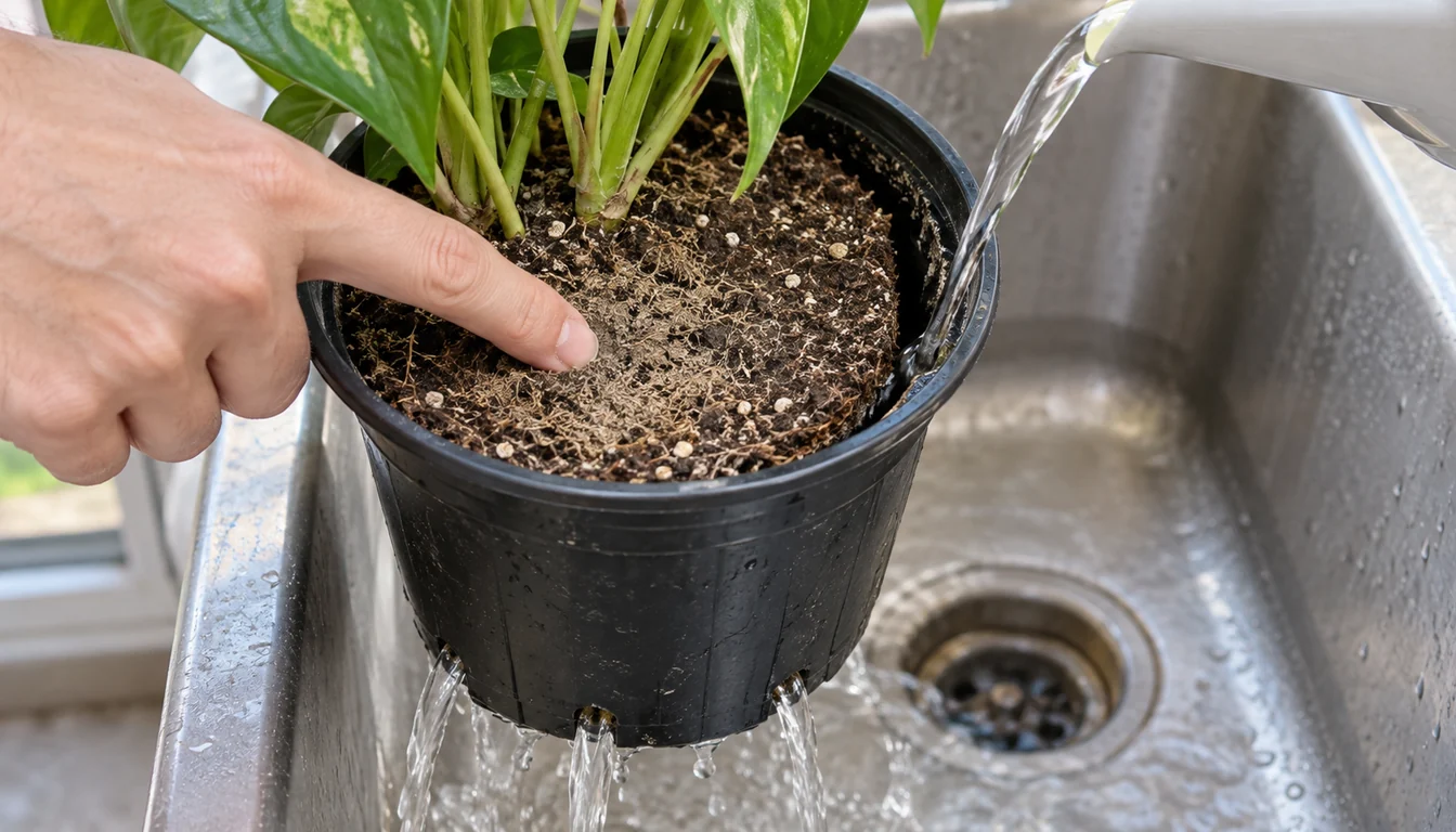 Water escaping around the edge of a potted plant while the center of the potting mix stays dry