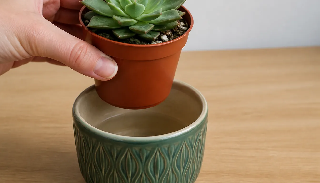 A small succulent in a plastic nursery pot lifted out of a decorative ceramic outer container, with a shallow layer of standing water visible in the bottom of the outer pot