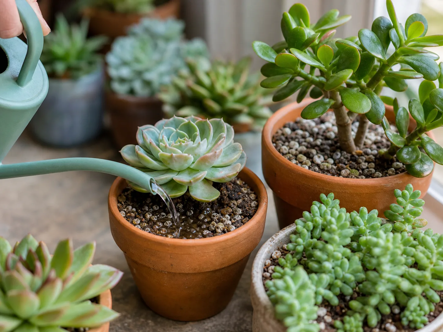 Water running freely out of the drainage hole of a potted succulent held over a sink, with the surface of the gritty mix visibly saturated