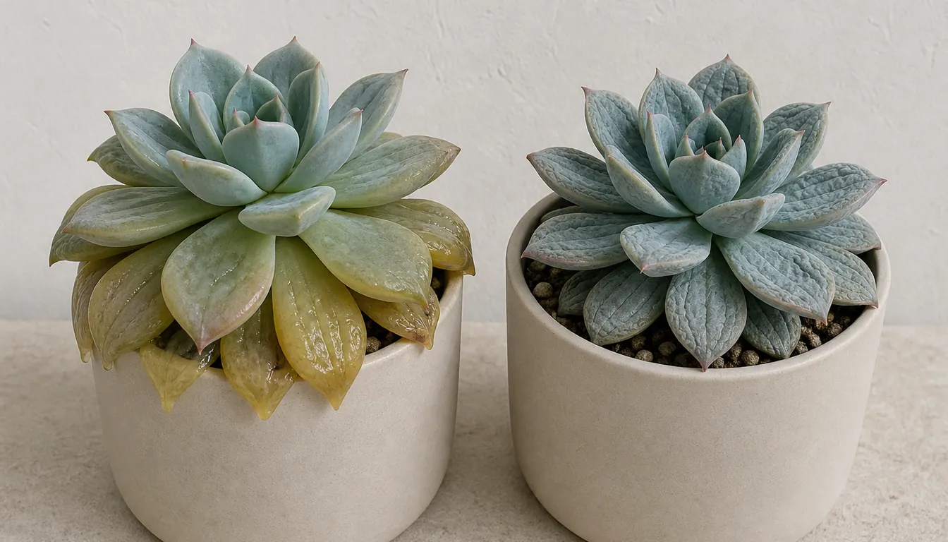 Two echeveria succulents of the same variety in matching pots, the left one with translucent yellow swollen lower leaves and the right one with firm leaves that are wrinkled and puckered but still solid