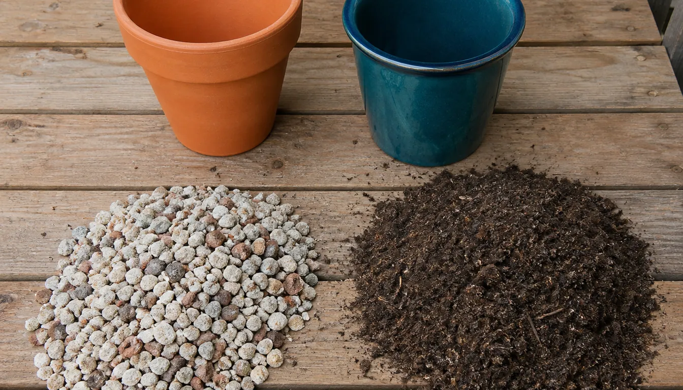 An unglazed terracotta pot beside a glossy glazed ceramic pot on a potting bench, with a pale coarse pile of gritty mineral succulent mix next to a dark fine pile of peat-based potting soil