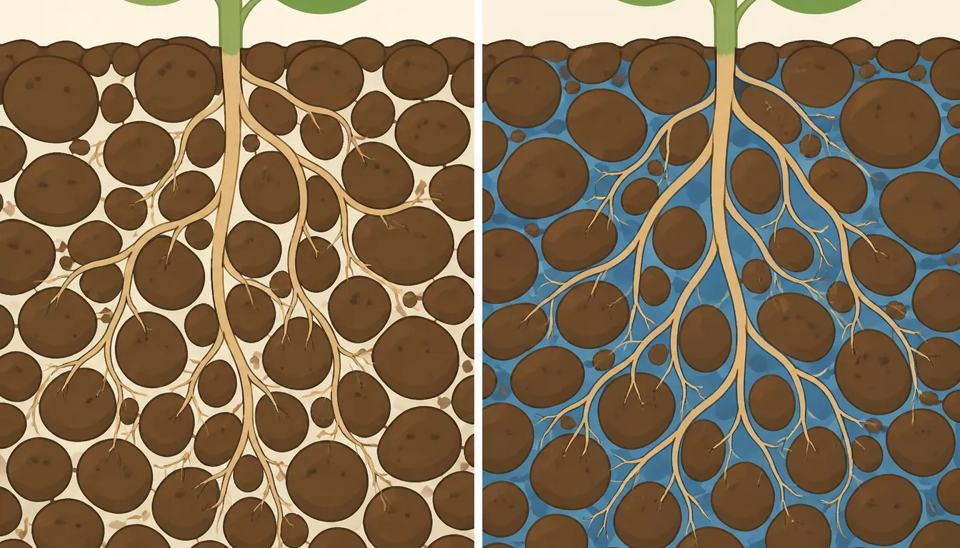 Cross-section illustration of soil particles with open air gaps between them and roots running through, beside the same soil with every gap completely filled by water