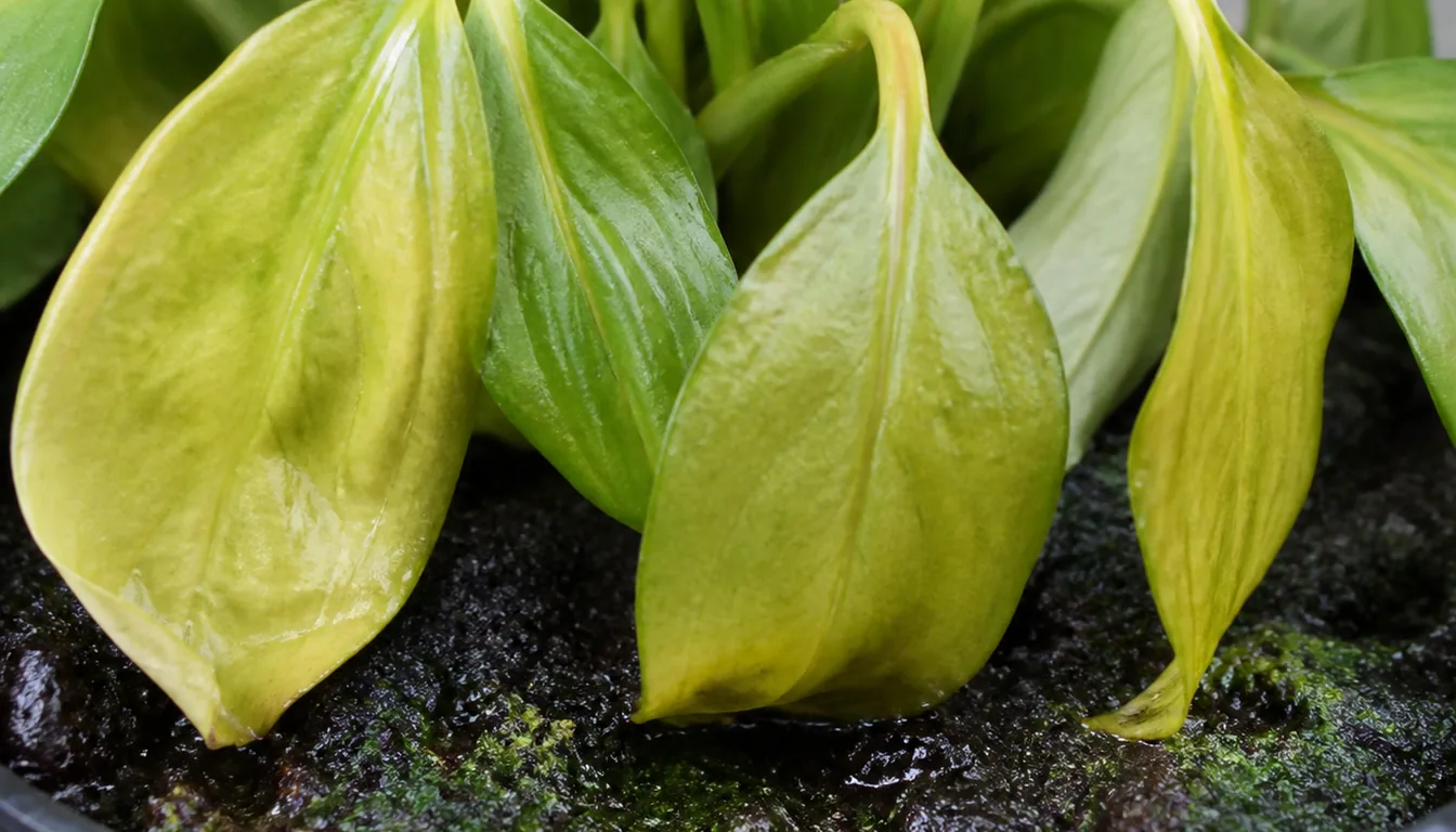 Close view of a houseplant's lower leaves gone soft and pale yellow, hanging down onto dark wet potting mix with green algae on the surface, while the leaves above are still green