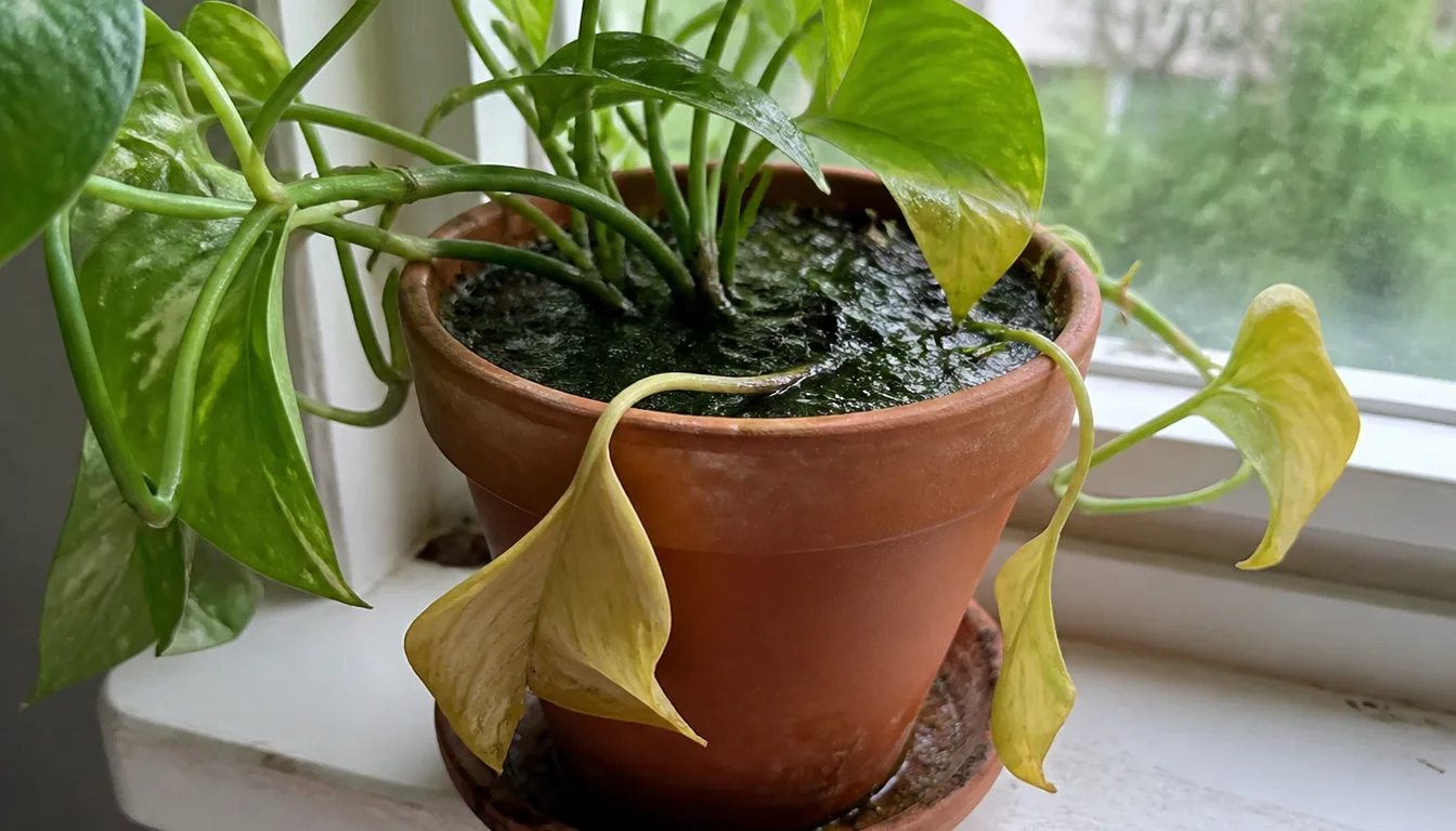 A houseplant with soft yellowing lower leaves hanging over dark wet potting mix on an indoor table