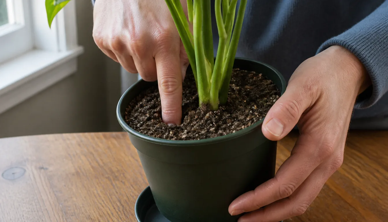 A hand pressing one finger into the surface of potting mix in a plastic pot held on a table beside a window