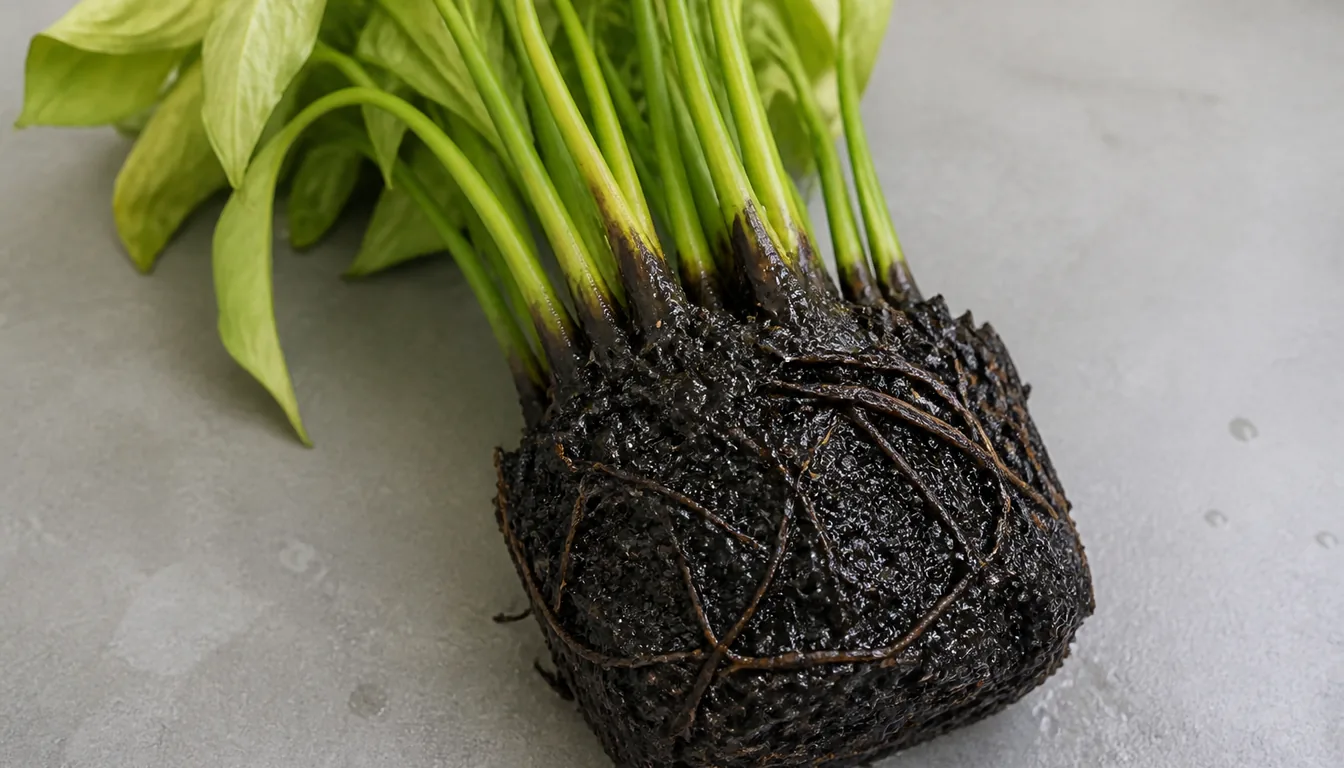 A houseplant lifted out of its pot and laid on a work surface, its root ball black and soaked with dark brown roots, and the stem base darkened and sunken where it meets the soil