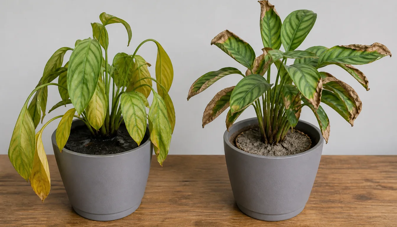 Two identical potted houseplants side by side, the left with limp yellowing leaves drooping over black wet soil, the right with crisp brown leaf edges and tips over pale dry cracked soil