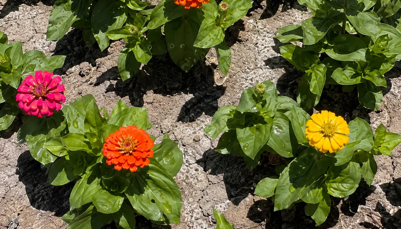 Water droplets sitting on zinnia leaves under hard midday sun while the bare soil between the plants is already dried pale and lightly cracked