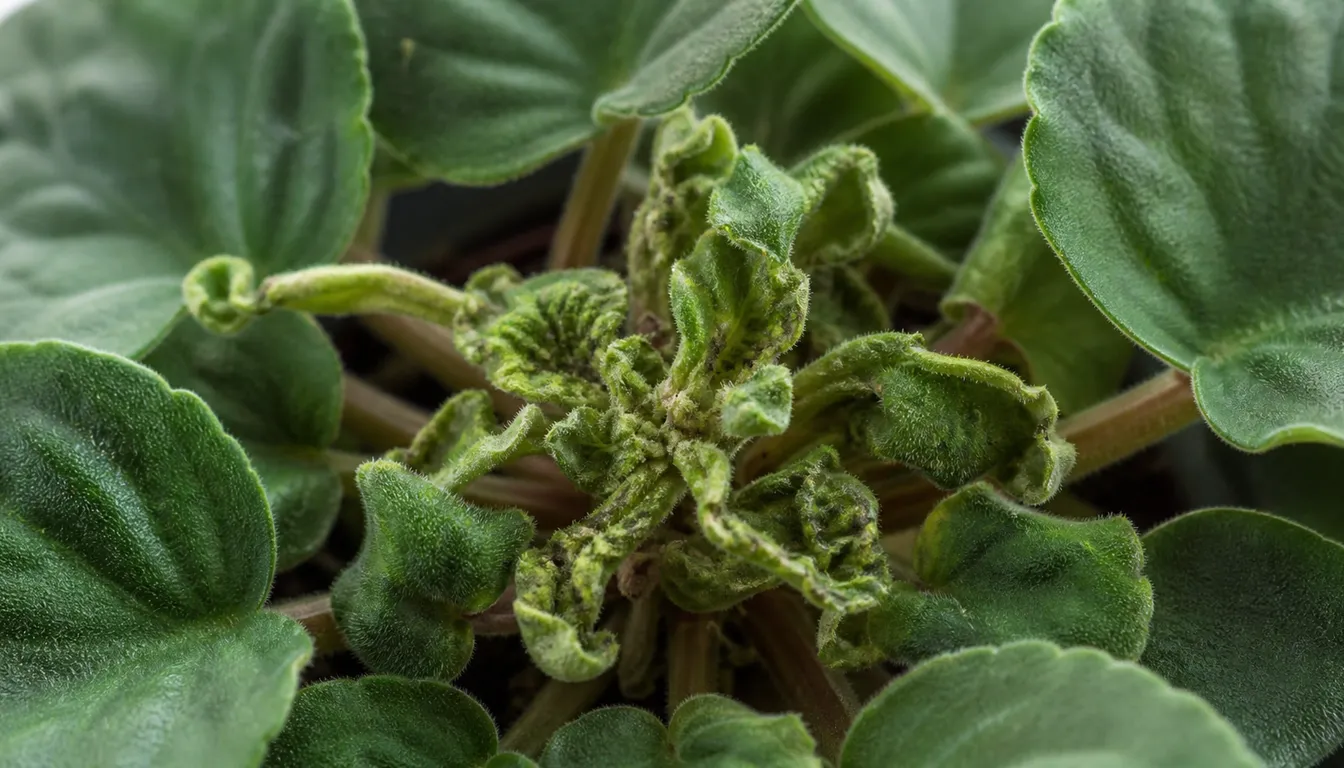 African Violet crown showing twisted stunted new growth from cyclamen mite damage