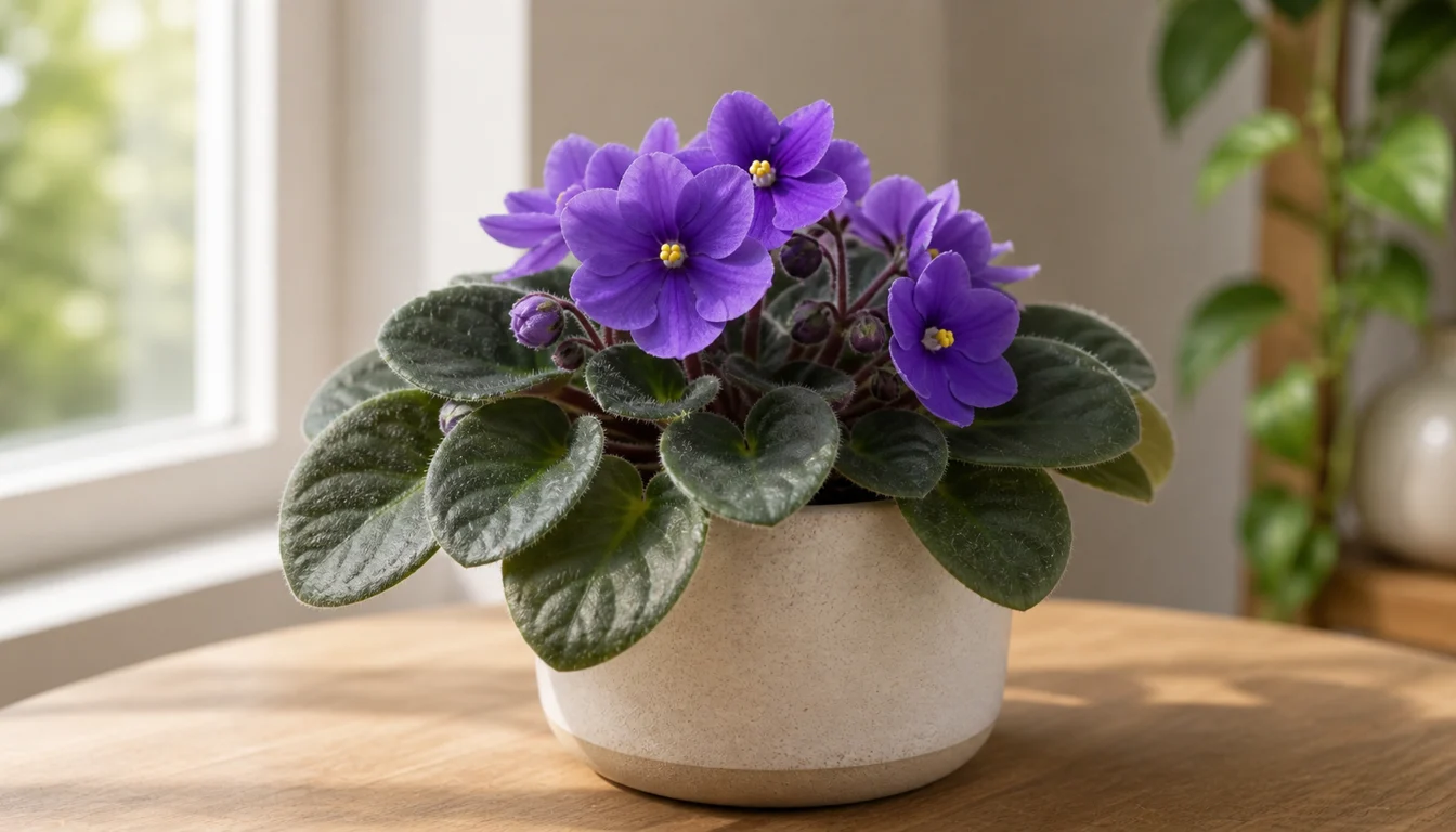 African Violet with purple flowers and fuzzy dark green leaves in a white pot beside a bright window