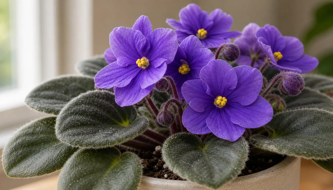 Close-up of African Violet purple blooms, fuzzy leaves, flower buds, and the crown above the potting mix