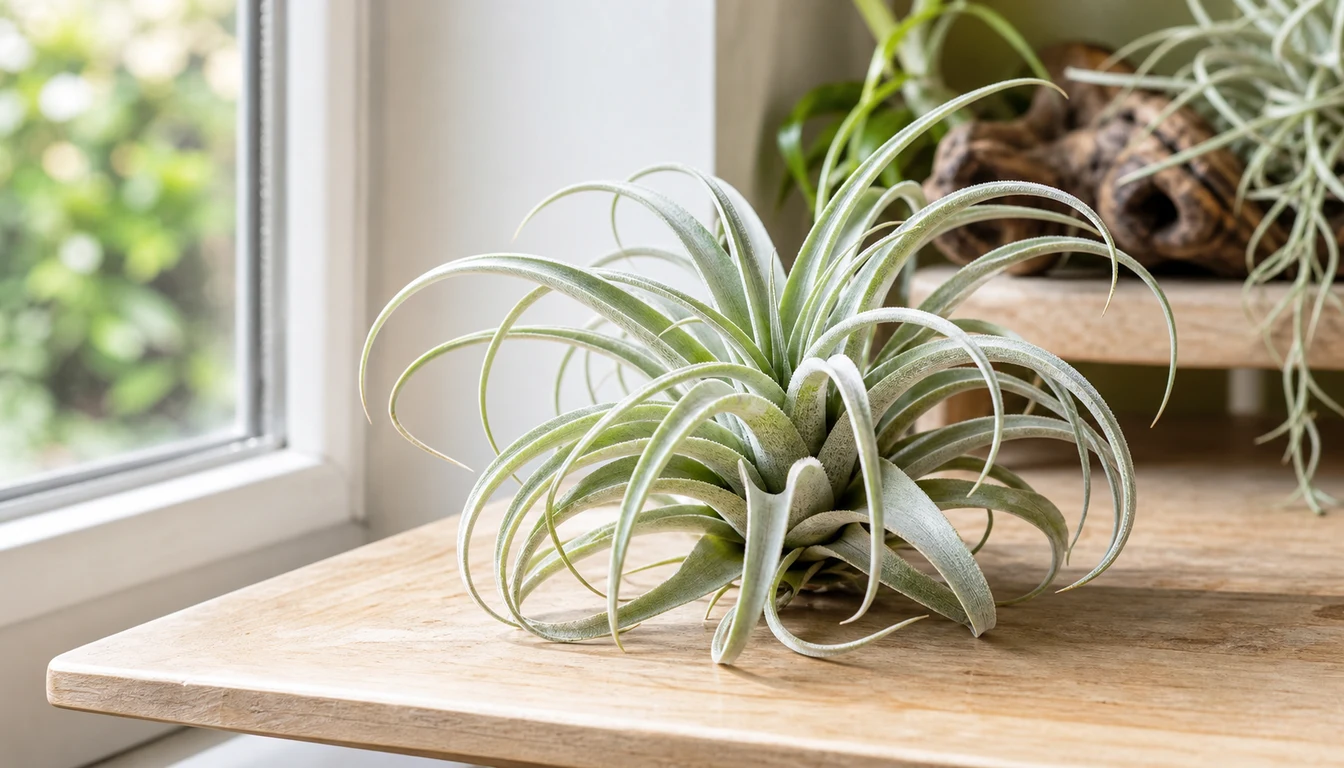 Silvery Tillandsia xerographica air plant rosette mounted on driftwood on a bright windowsill