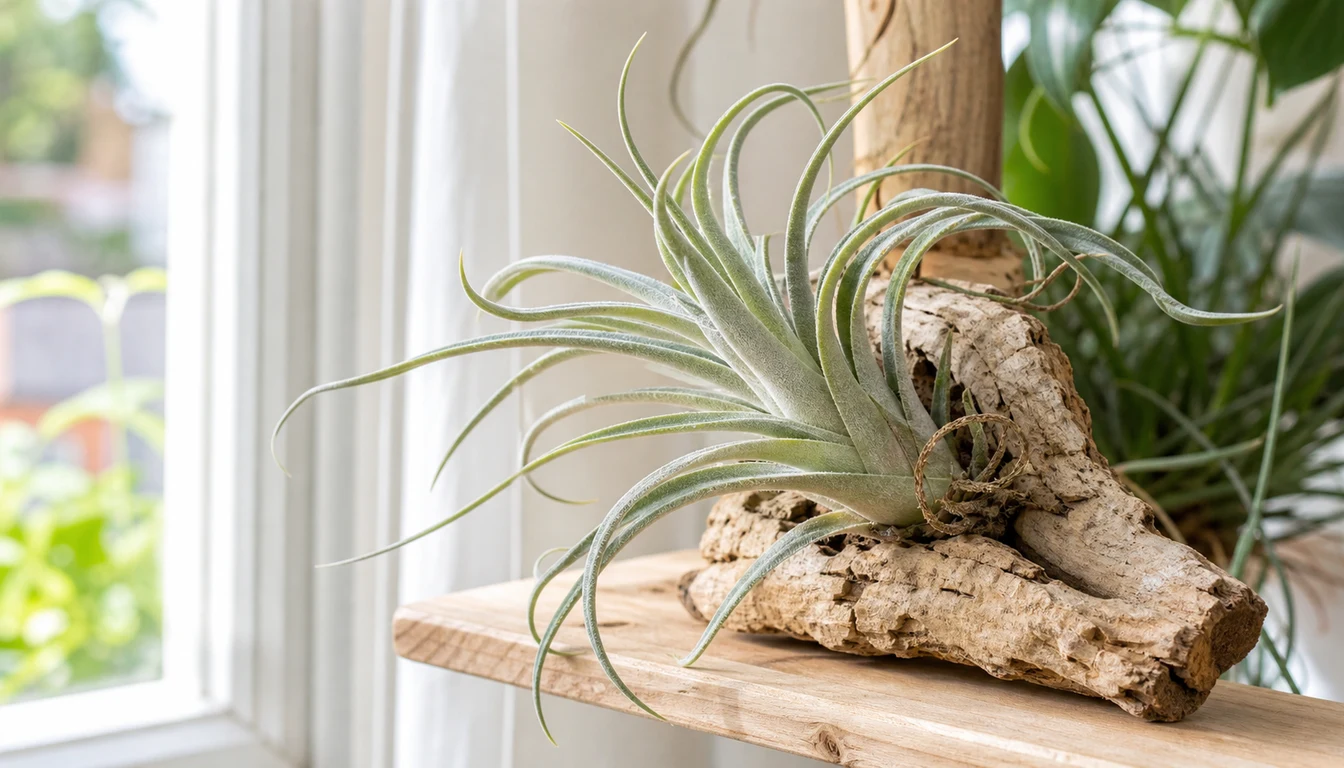 Air plant held upside down over a towel with water droplets shaking off the leaf tips right after a soak