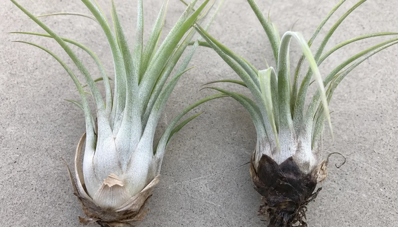 Two air plant crowns side by side, one firm and silver and one with a soft dark rotting base
