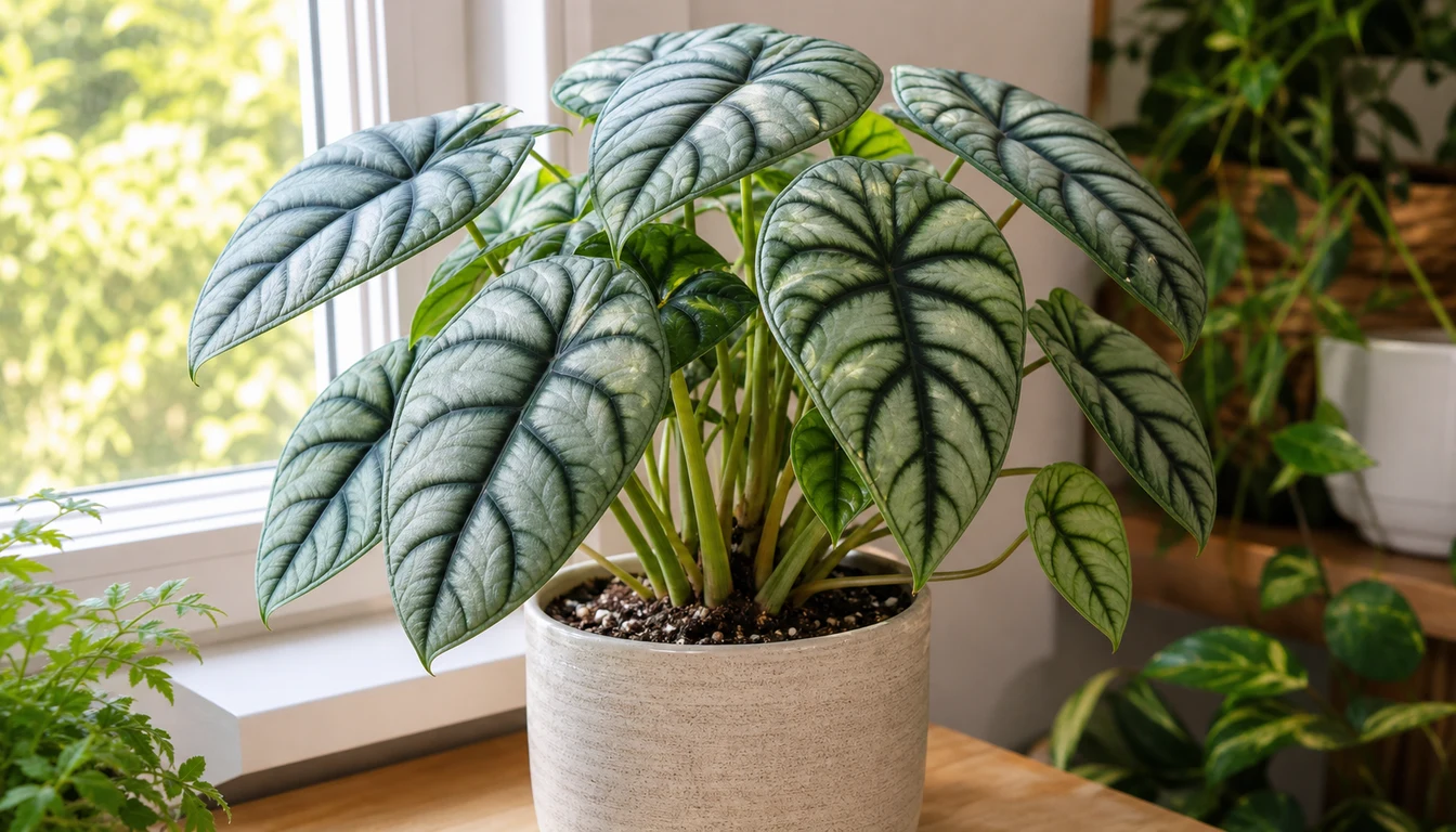 Alocasia Dragon Scale in a pot with textured silver green shield-shaped leaves