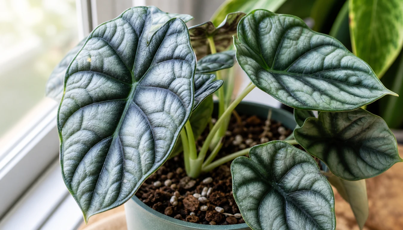 Close view of Alocasia Dragon Scale quilted leaves with dark raised veins