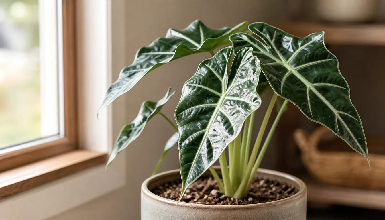 Close view of Alocasia leaves showing strong veins and upright petioles