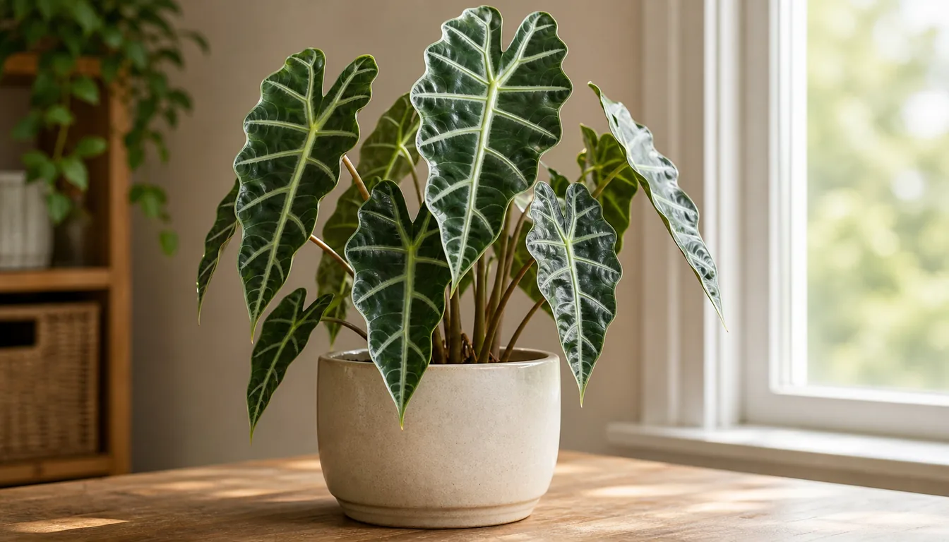 Compact Alocasia Polly with dark shield shaped leaves and pale veins in a small pot by a bright window