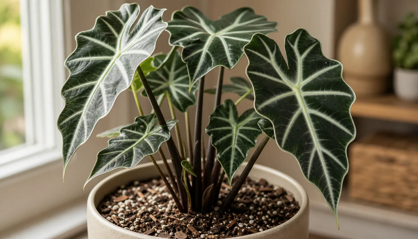 Alocasia Polly crown with dry top mix, dark petioles, and one browning leaf edge during a watering check