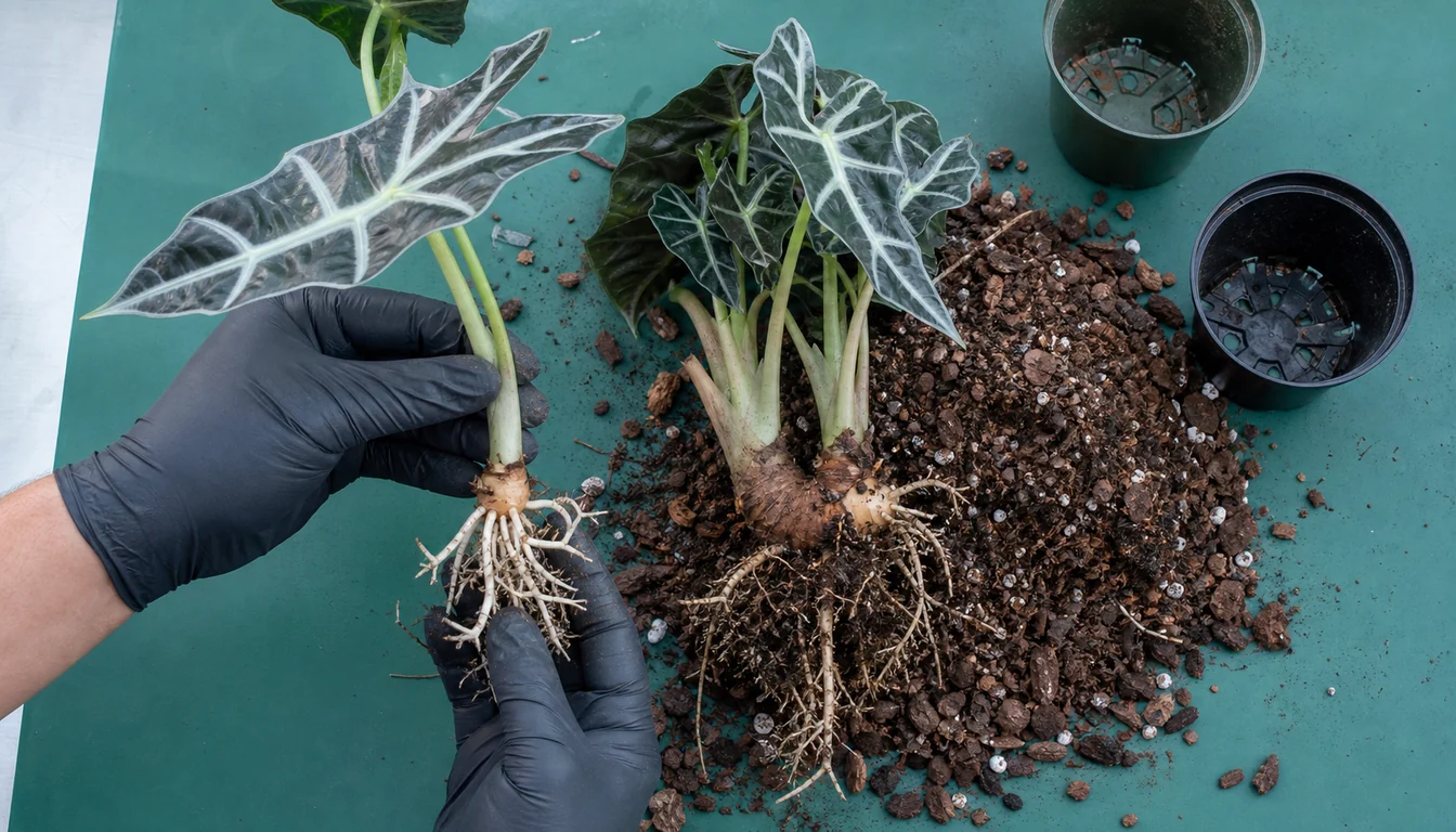 Alocasia Polly offset with visible roots beside the parent rhizome on fresh bark based potting mix