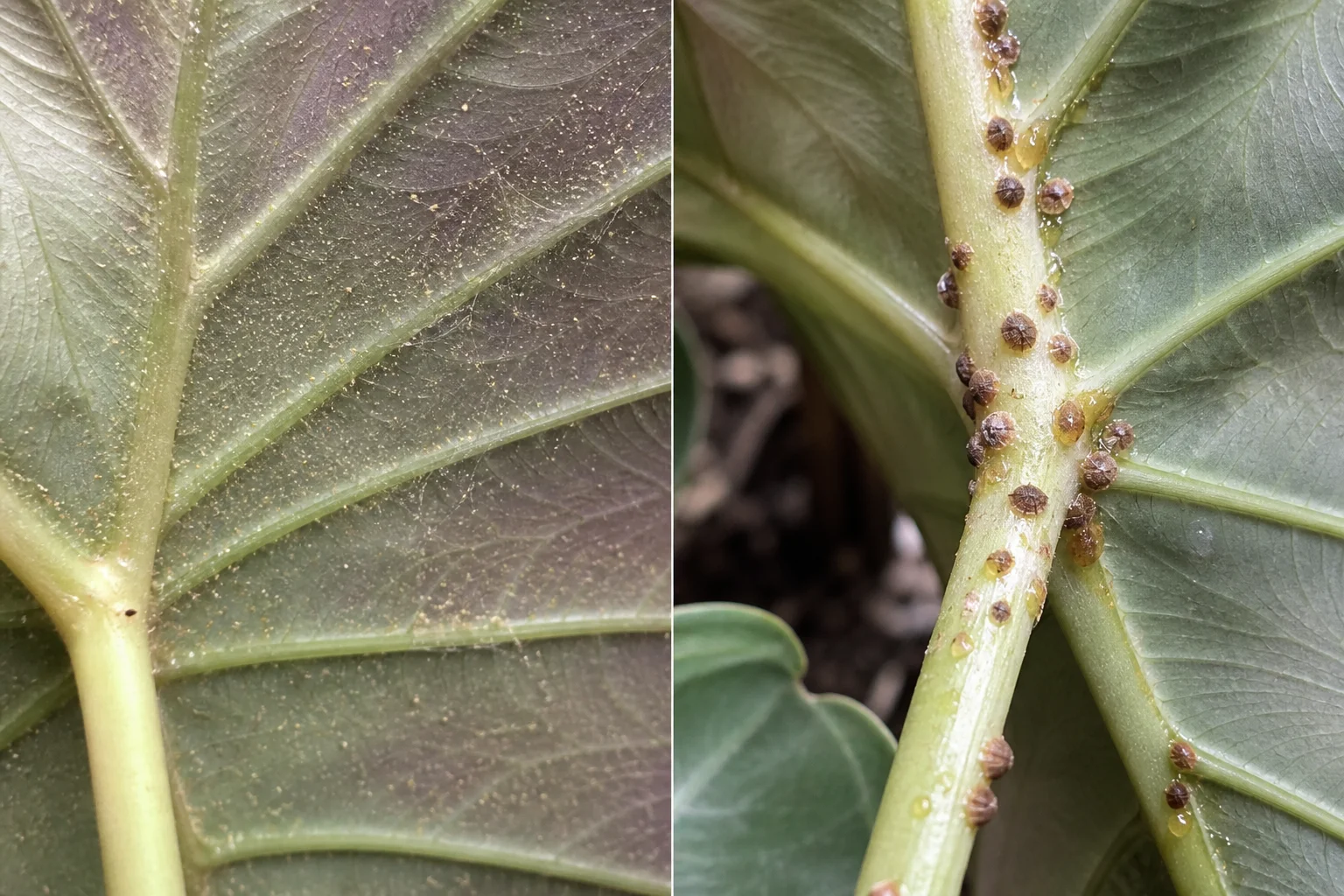Side-by-side Alocasia leaf comparison showing fine spider mite stippling and webbing on one leaf underside next to hard brown scale insect bumps clustered on a stem with honeydew