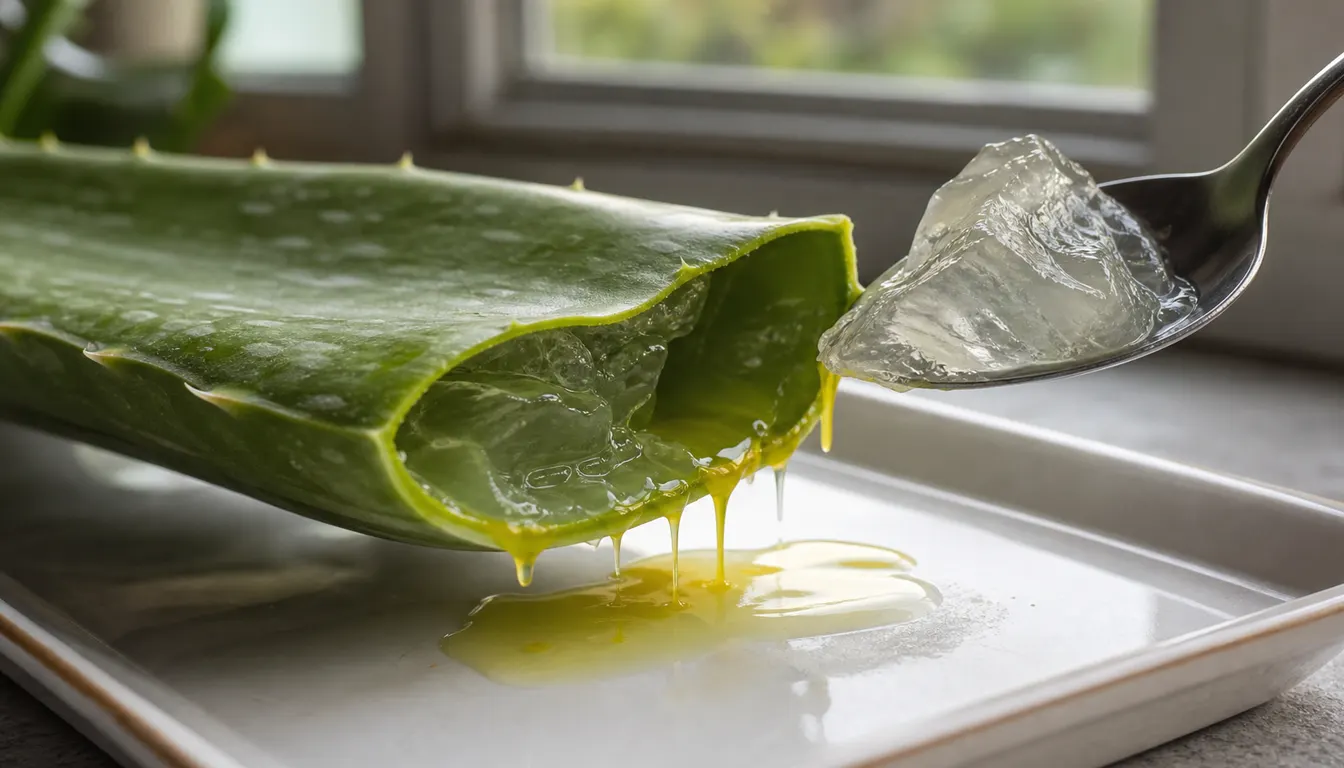 Cut Aloe vera leaf draining yellow latex while clear inner gel is lifted separately with a spoon