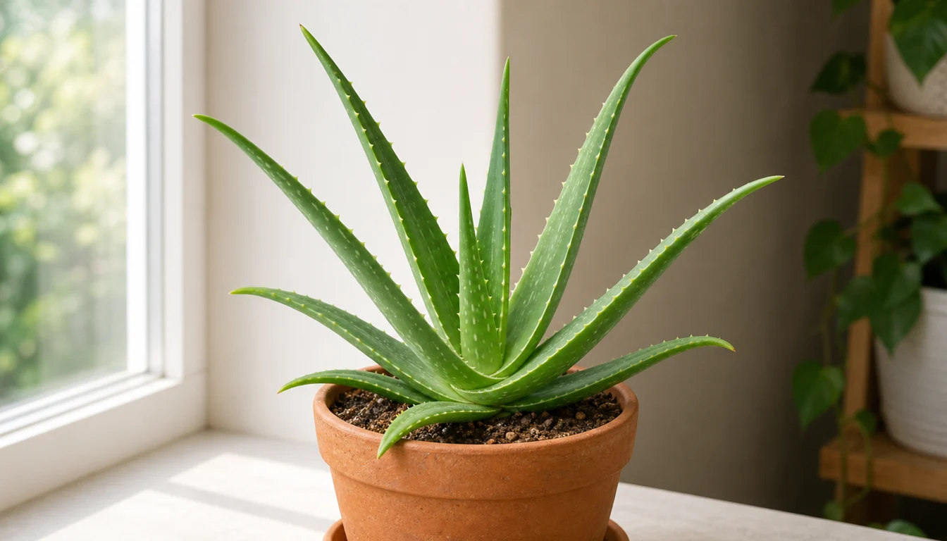 Aloe Vera rosette with thick gel-filled leaves in a sunny indoor pot