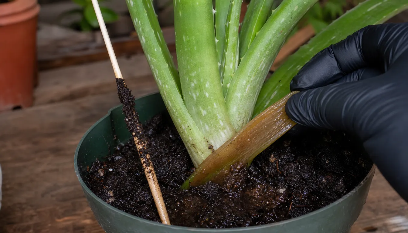 Gloved hand lifting a soft brown aloe leaf base beside a moisture skewer coated with wet soil