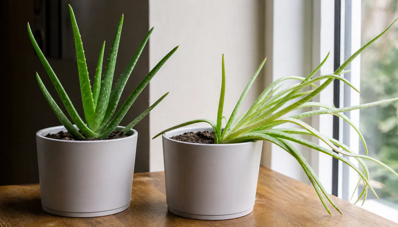 Compact upright Aloe vera beside a pale aloe with long floppy leaves leaning toward a bright window