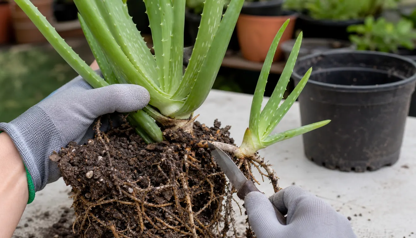 Rooted four-leaf Aloe vera pup being cut from the parent at its short connecting rhizome