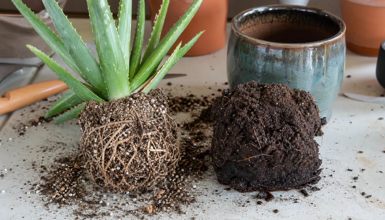 Healthy pale aloe roots in gritty perlite-rich mix beside a dark waterlogged peat root ball