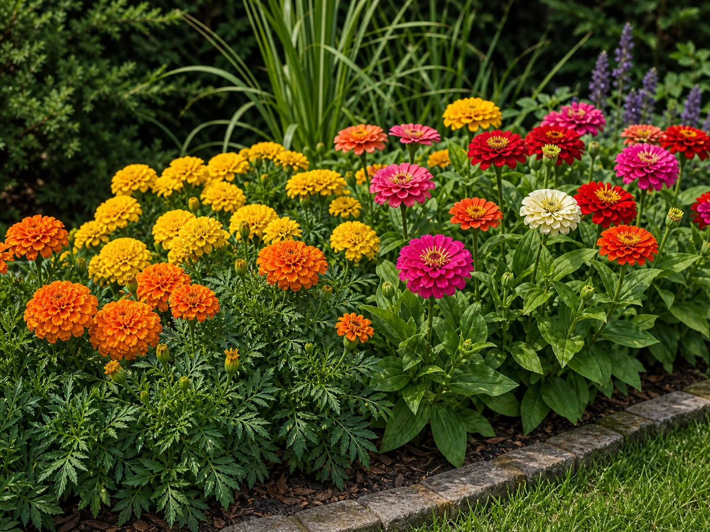 Bright annual flowers filling a seasonal garden bed
