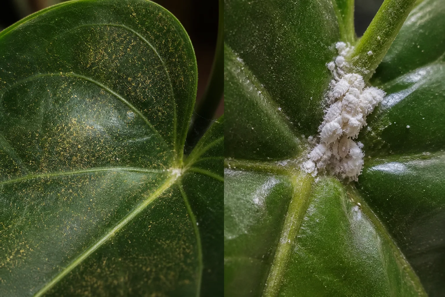 Close comparison of fine stippled spider mite damage on an Anthurium leaf beside a cottony white mealybug mass at a leaf joint