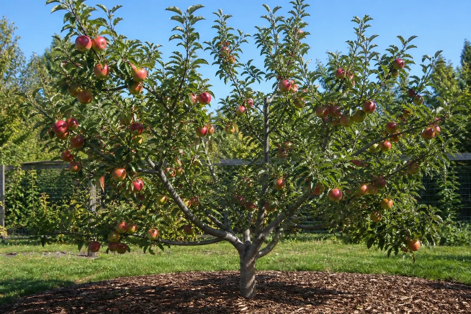 Trained apple tree carrying red and green fruit above a mulched root zone