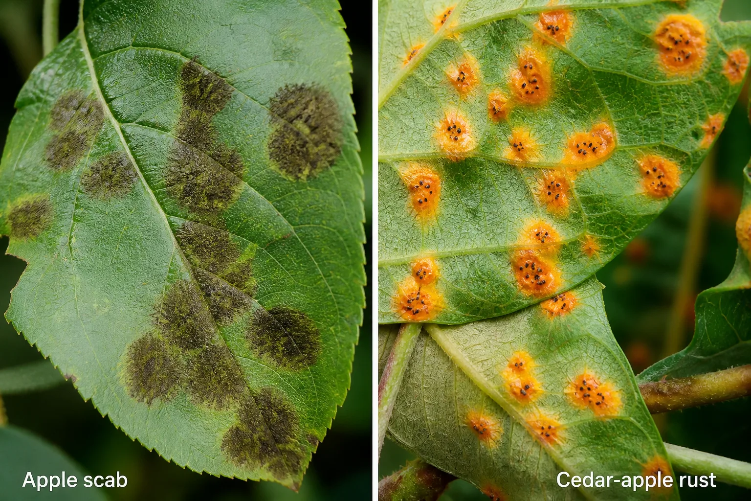 Side-by-side comparison of apple leaves showing olive-brown velvety apple scab spots on the left and bright orange cedar-apple rust spots with black centers on the right