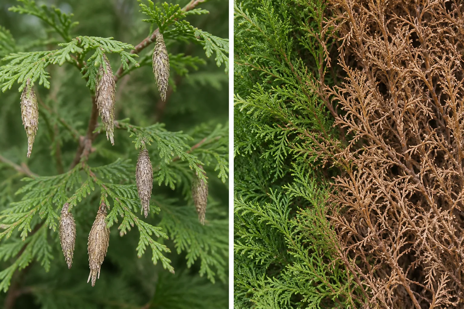 Side-by-side comparison of spindle-shaped bagworm bags hanging from arborvitae branch tips beside arborvitae foliage browned by winter burn