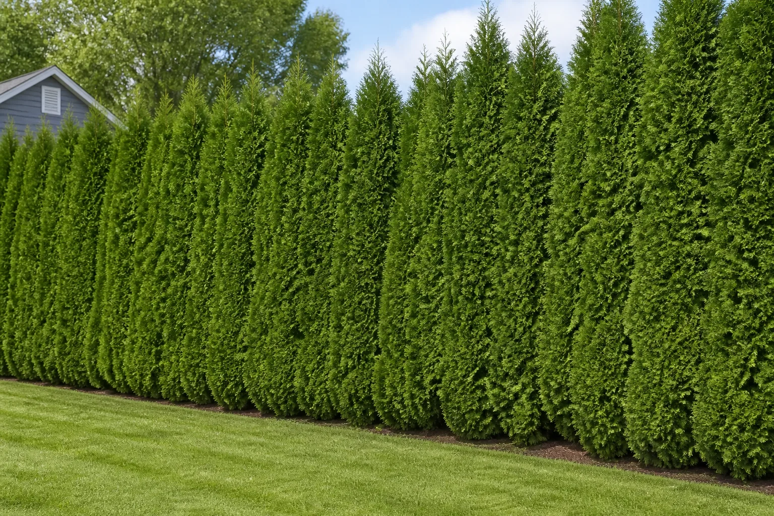 Dense green arborvitae with flat sprays of scale-like foliage