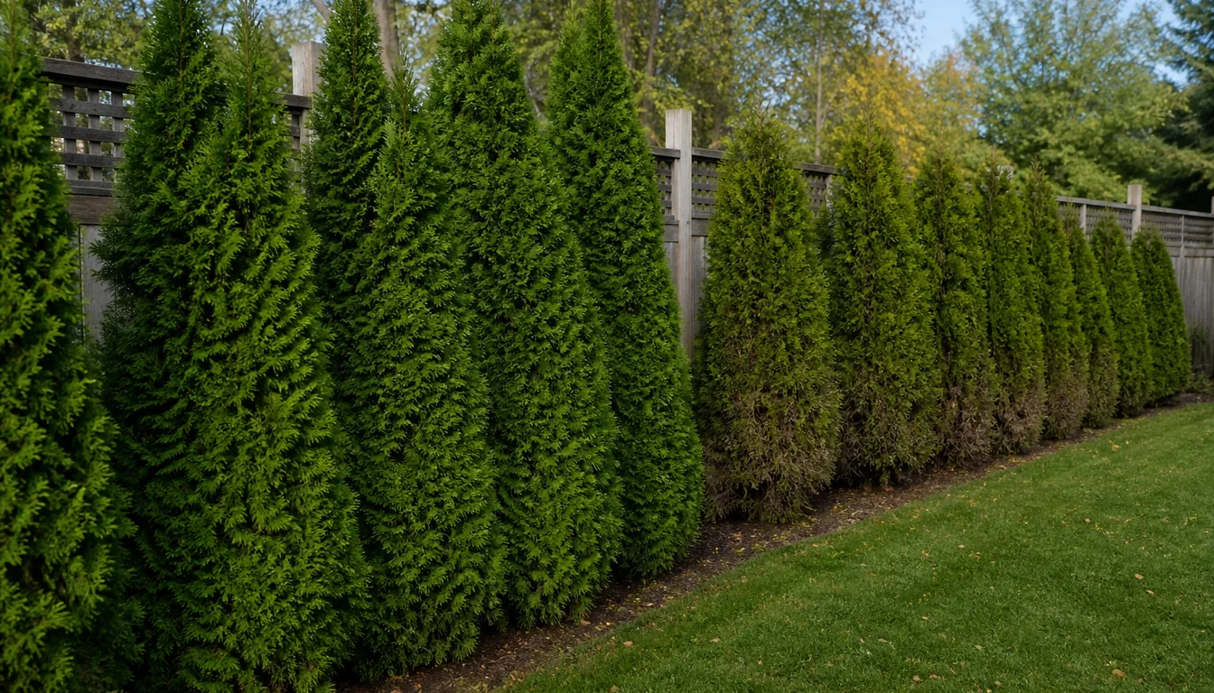 Two arborvitae hedge rows viewed along a fence, with broad healthy plants spaced for mature width beside a tighter row with crowded brown lower growth
