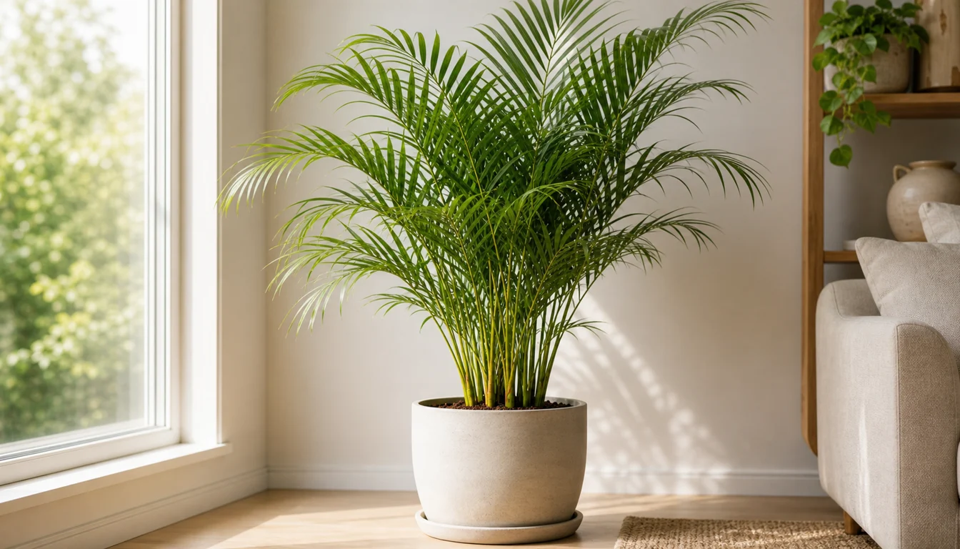 Areca Palm with arching feather-like fronds in a cream pot beside a bright window