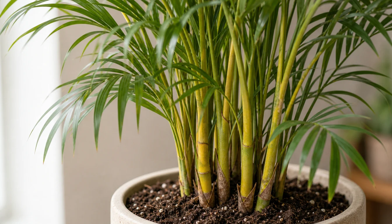 Close view of Areca Palm cane cluster and narrow green leaflets in indoor light