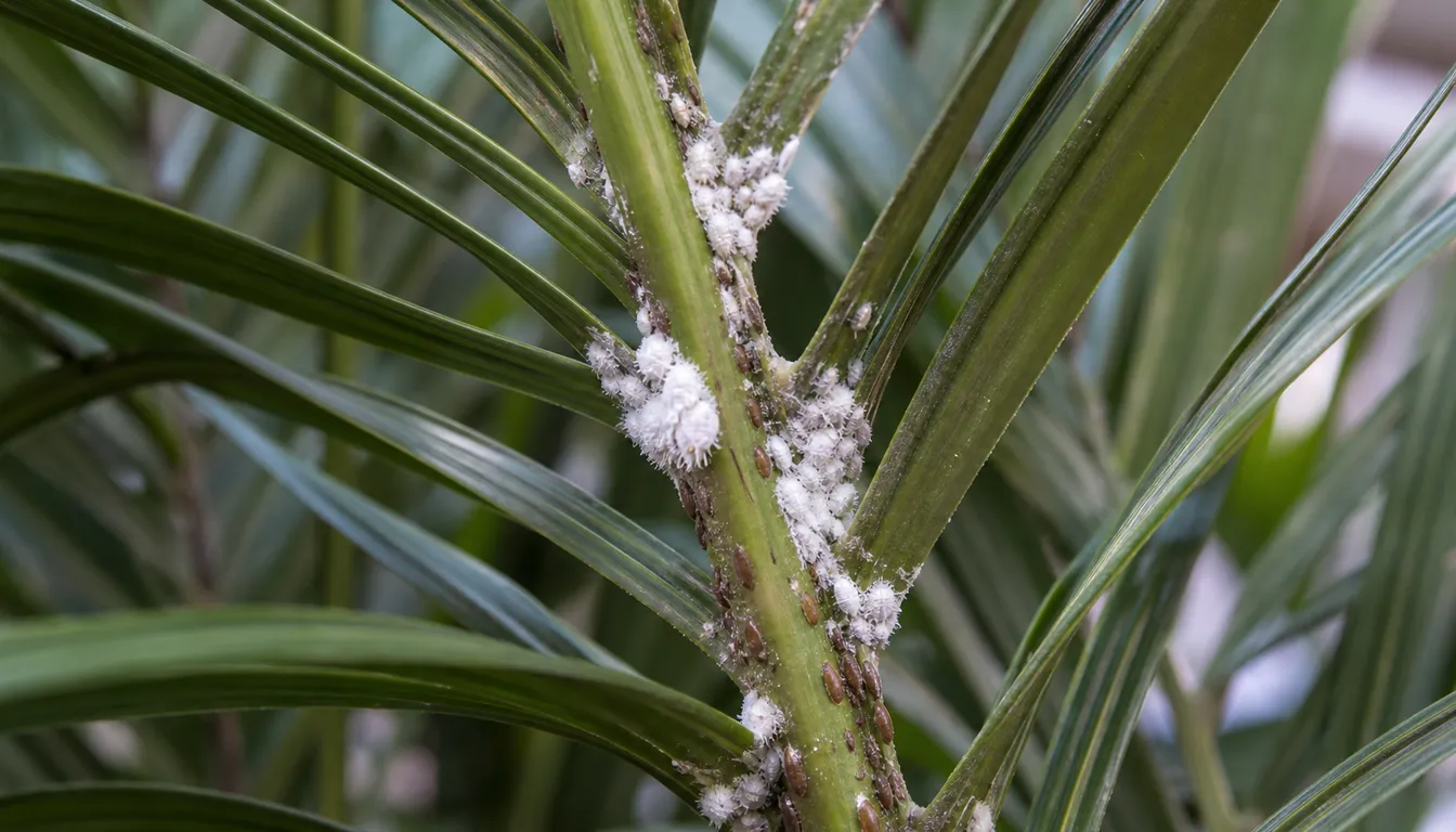 Areca Palm leaflets with scale insects and mealybug clusters at leaf joints