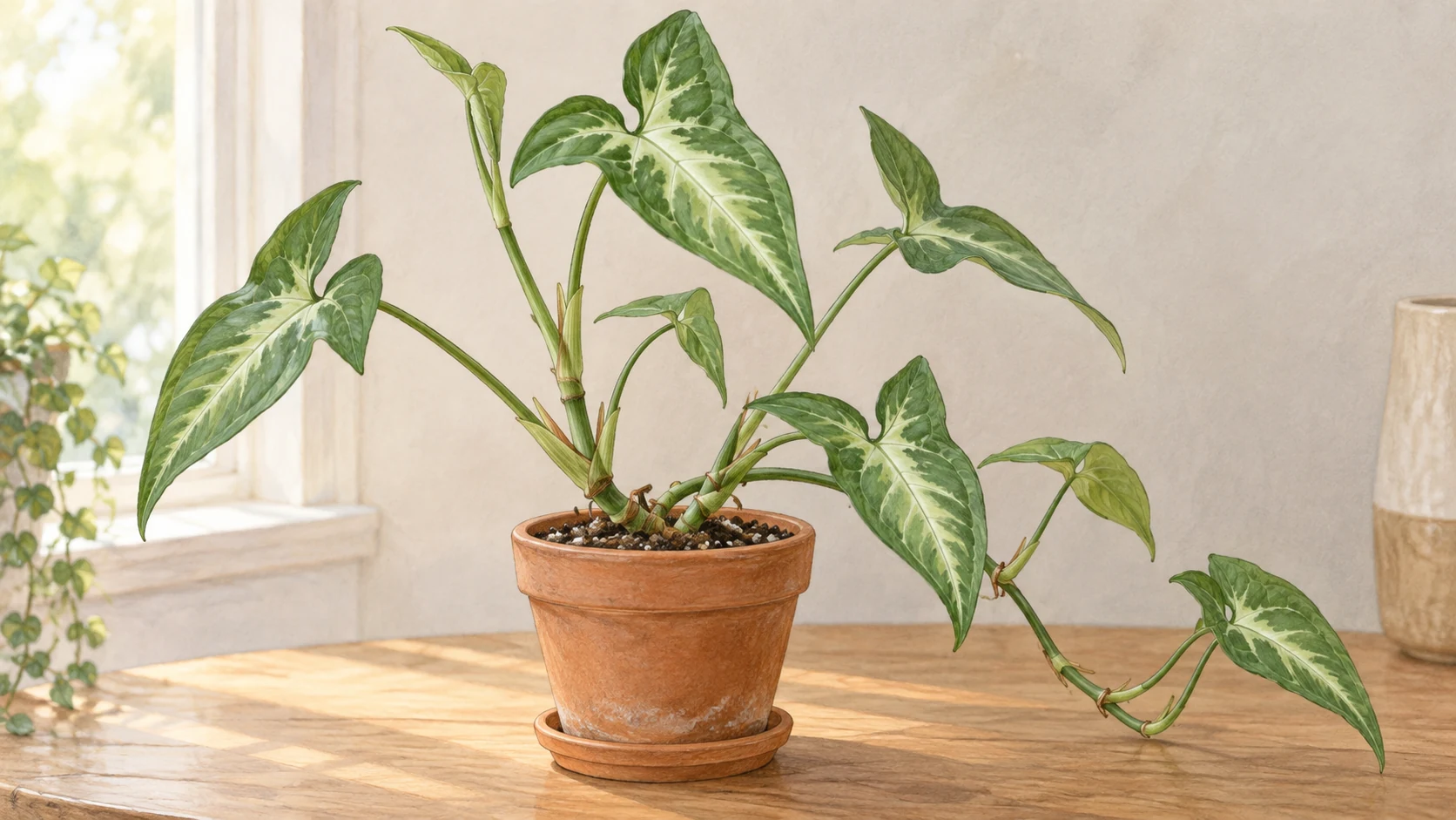 AI-generated botanical illustration of Syngonium with arrow-shaped leaves, long petioles, and emerging vines