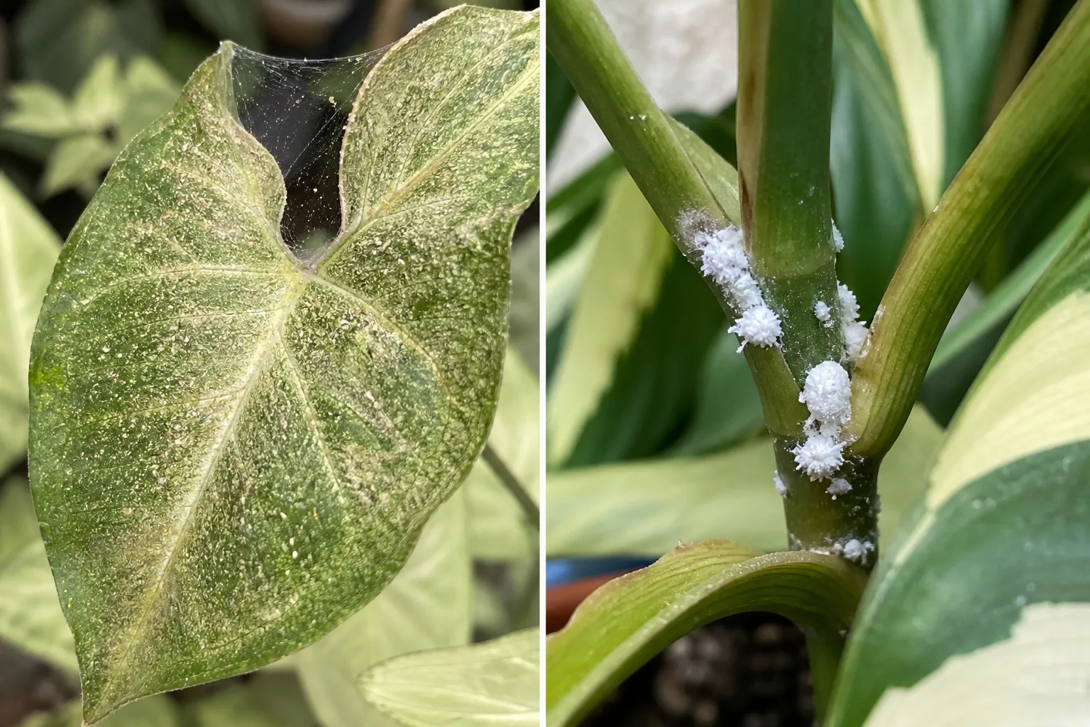 Side-by-side arrowhead plant comparison showing fine spider mite webbing and stippling on a leaf beside cottony white mealybug clusters on a stem joint