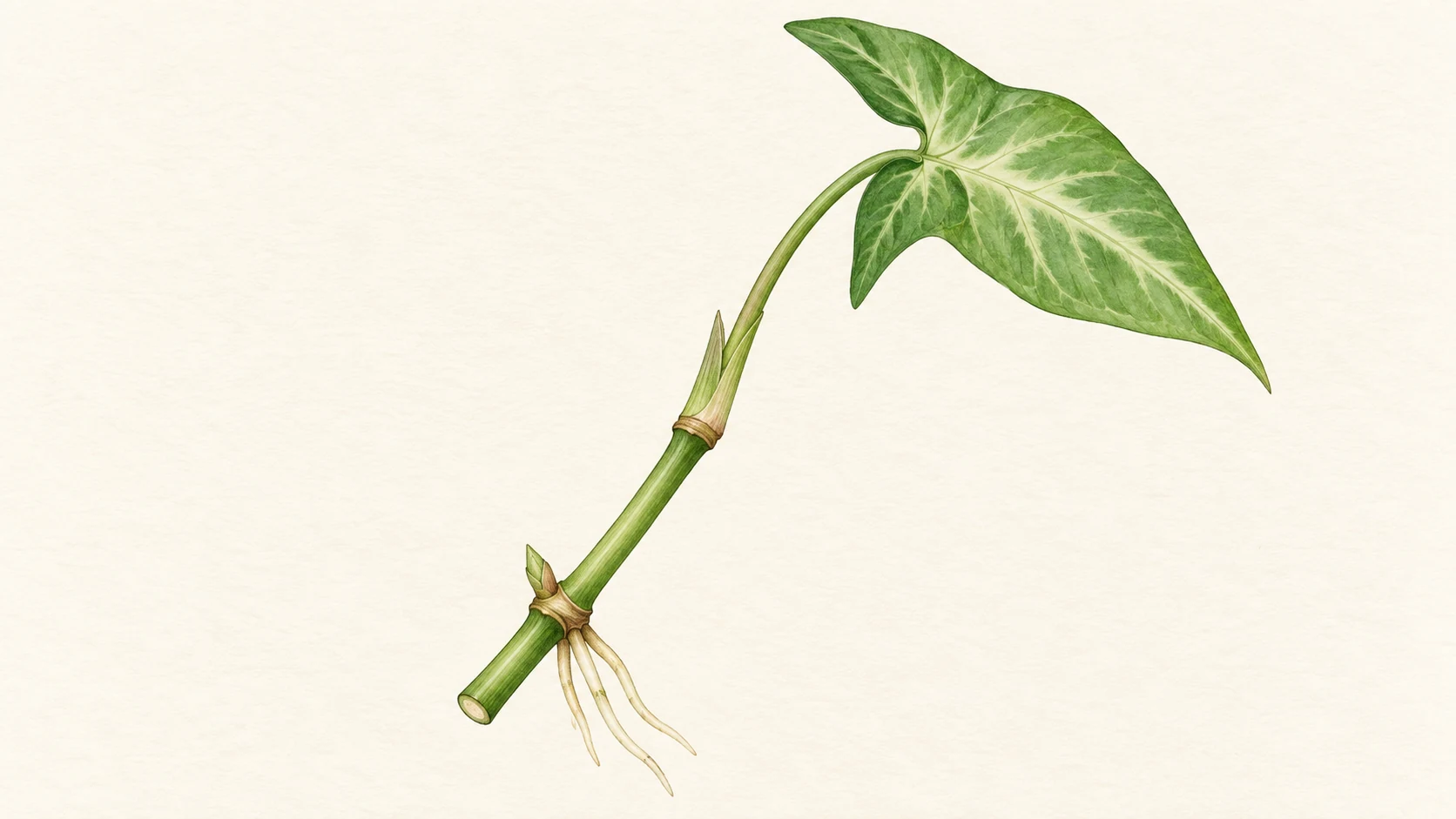 AI-generated botanical illustration of a Syngonium stem cutting with two nodes, a bud, and roots at the lower node