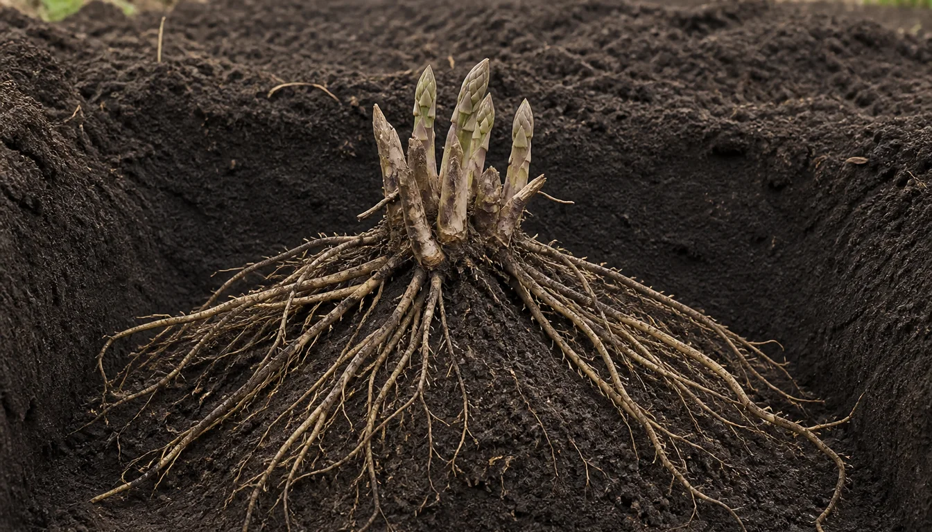 Asparagus crown centered on a soil ridge with buds upright and fleshy roots spread down both sides